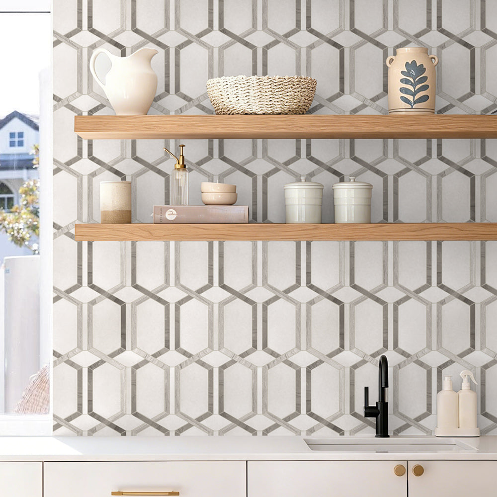 Thassos & Wooden & Athens Gray 12-in x 12-in Polished Waterjet Mosaic Floor and Wall Tile( 5 sq. ft. /Box )