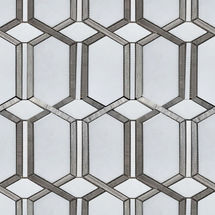 Sample board showing 12x12 inch polished waterjet mosaic with mixed materials – white, brown, and gray tile combination