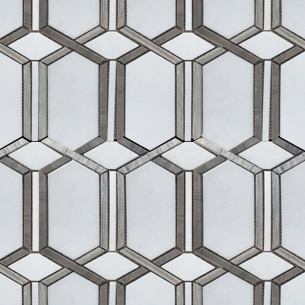 Sample board showing 12x12 inch polished waterjet mosaic with mixed materials – white, brown, and gray tile combination