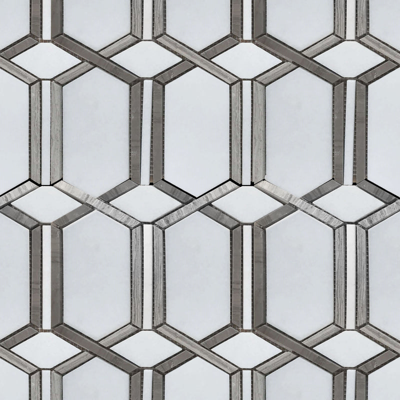 Sample board showing 12x12 inch polished waterjet mosaic with mixed materials – white, brown, and gray tile combination