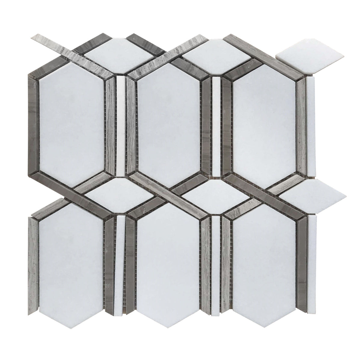 Close-up of Thassos & Athens Gray Waterjet Mosaic – natural stone and wood-texture tile with precise polished cut