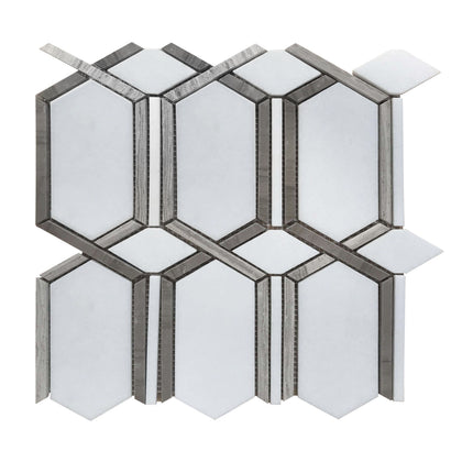 Close-up of Thassos & Athens Gray Waterjet Mosaic – natural stone and wood-texture tile with precise polished cut