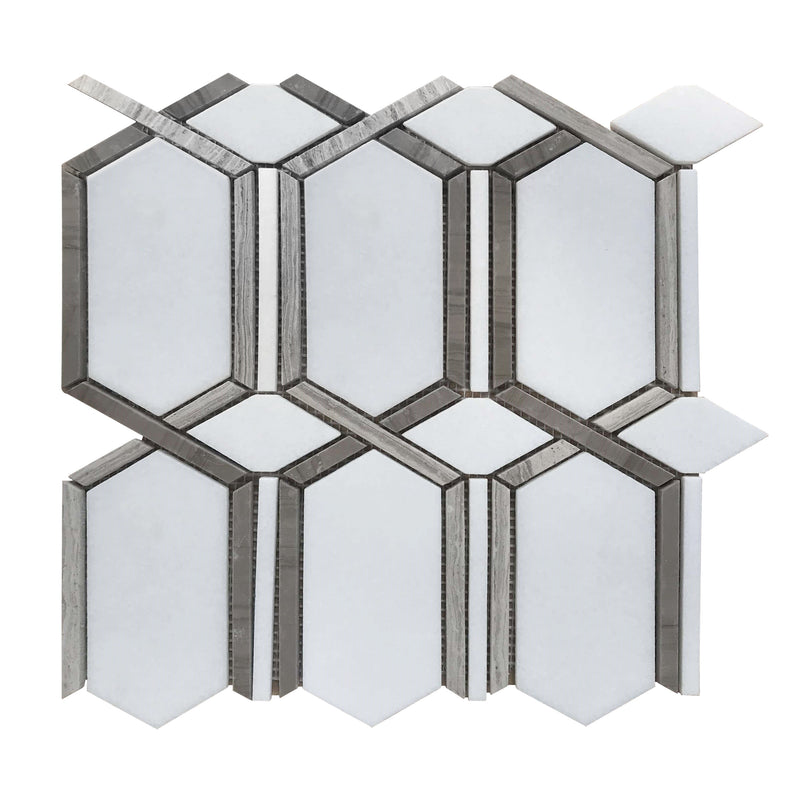 Close-up of Thassos & Athens Gray Waterjet Mosaic – natural stone and wood-texture tile with precise polished cut