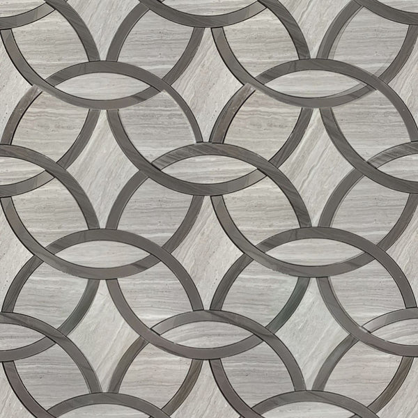 Sample board of WW & Athens Gray Waterjet Mosaic Tile – featuring interlocking circle design in polished marble finishs