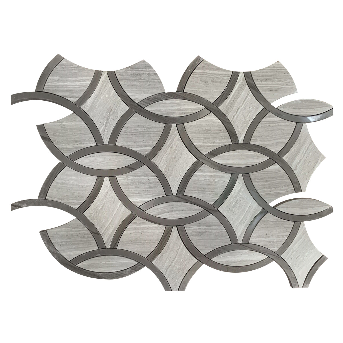 Single 9.5x14.5 inch WW & Athens Gray Interlocking Circles Waterjet Mosaic Tile – polished marble surface with artistic circular pattern, 0.96 sq. ft per piece
