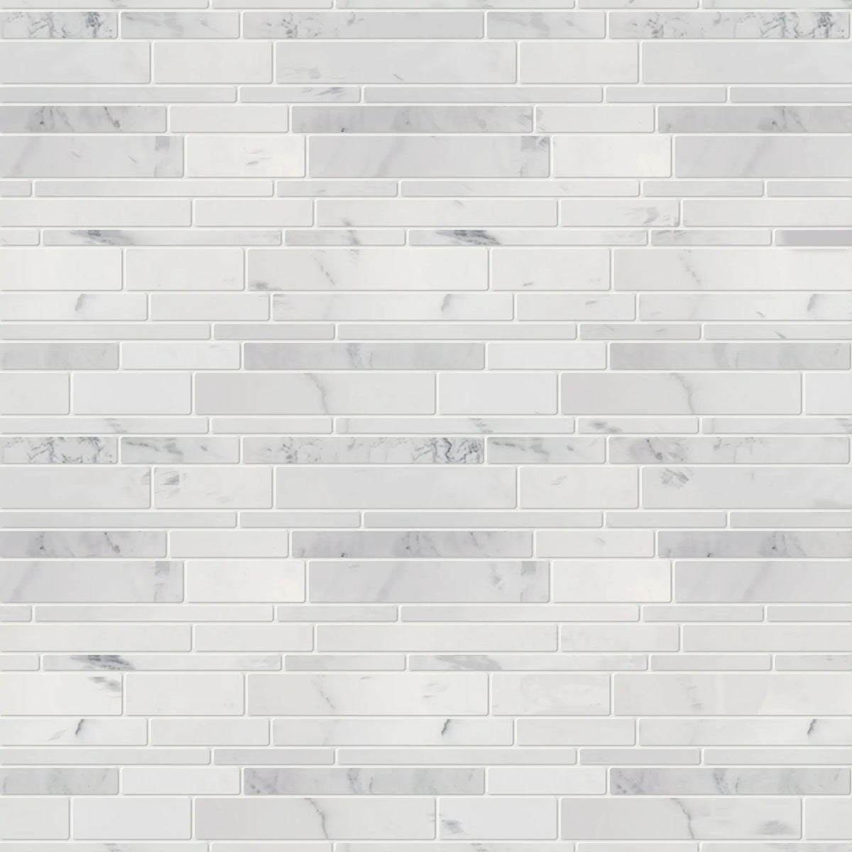 Sample board of Calacatta Random Liners Marble Mosaic Tile – showroom-ready layout of honed marble strips