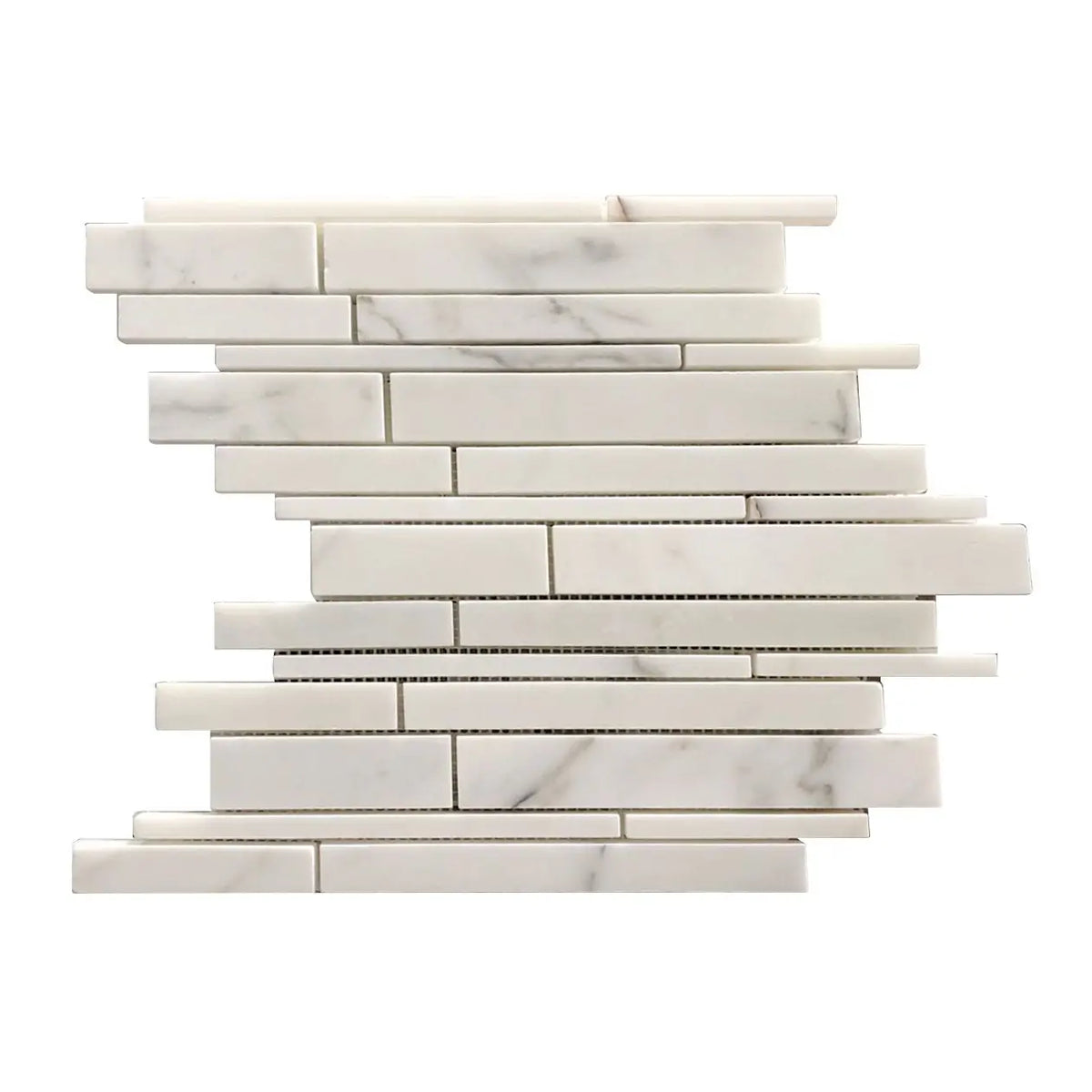 Single sheet of Calacatta Random Liners Mosaic Tile – 12x12 inch honed marble in linear random strip pattern