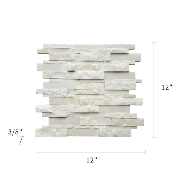 Size diagram of White Split Faced Random Strip Slate Quartzite Mosaic Tile – 12x12 inch honed natural stone tile