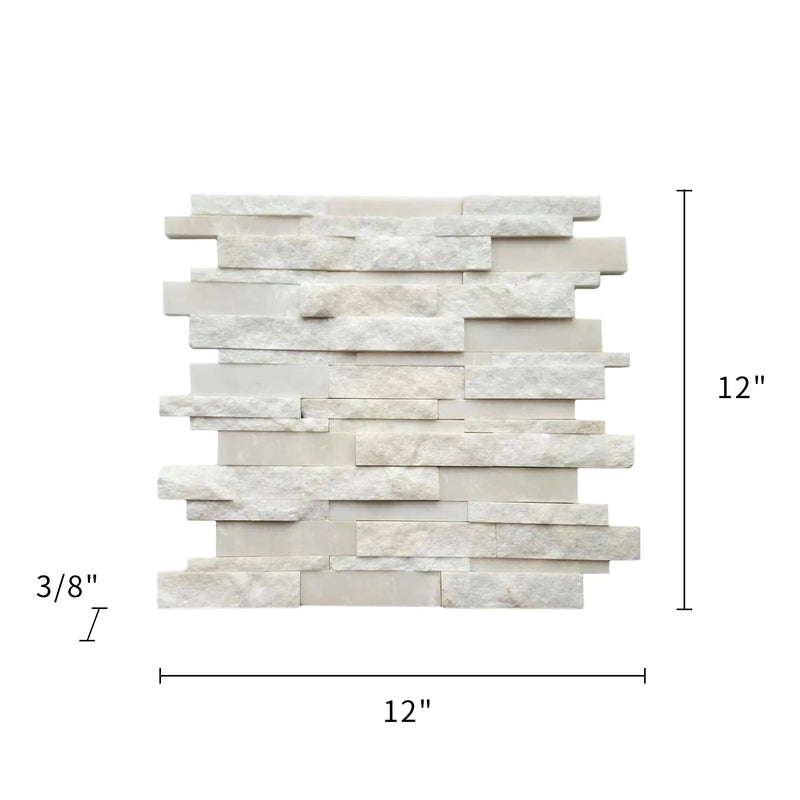 Size diagram of White Split Faced Random Strip Slate Quartzite Mosaic Tile – 12x12 inch honed natural stone tile