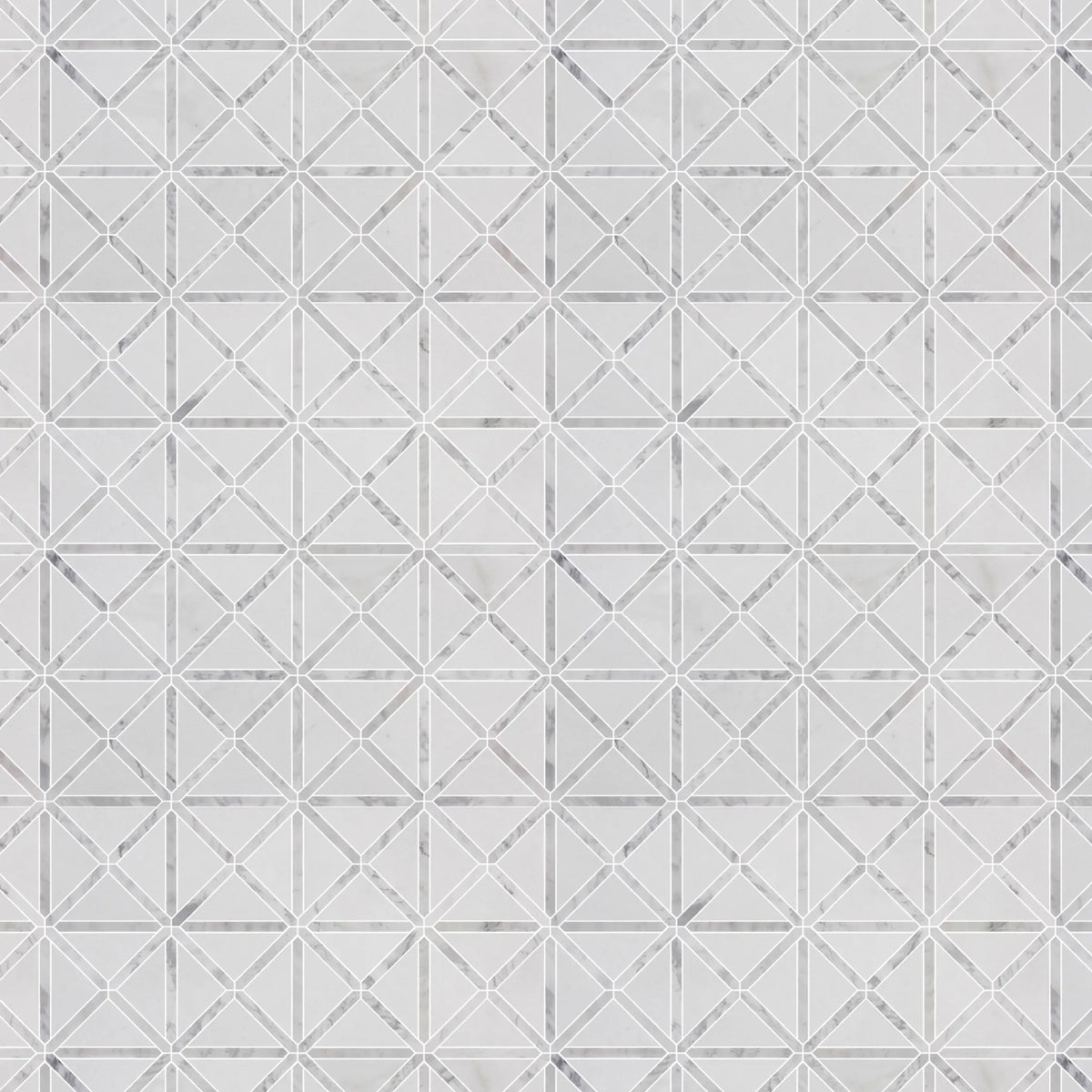 Sample board of Bianco Carrara / Thassos White X Pattern Mosaic Tile – polished marble display for showroom presentation