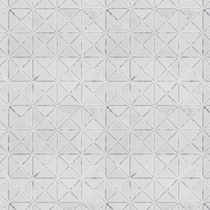 Sample board of Bianco Carrara / Thassos White X Pattern Mosaic Tile – polished marble display for showroom presentation