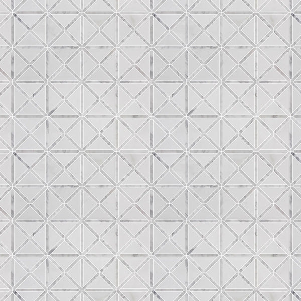 Sample board of Bianco Carrara / Thassos White X Pattern Mosaic Tile – polished marble display for showroom presentation