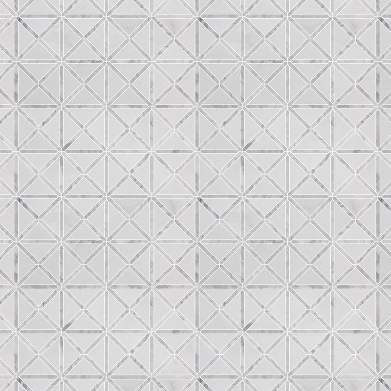Sample board of Bianco Carrara / Thassos White X Pattern Mosaic Tile – polished marble display for showroom presentation