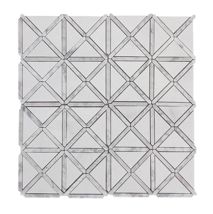 Single 12x12 inch Bianco Carrara and Thassos White X Pattern Polished Marble Mosaic Tile – elegant polished marble in white and gray cross pattern