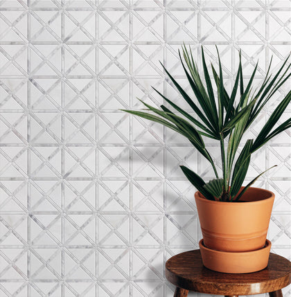 Bathroom wall with Bianco Carrara and Thassos White X Pattern Marble Mosaic – polished cross design adding a refined touch