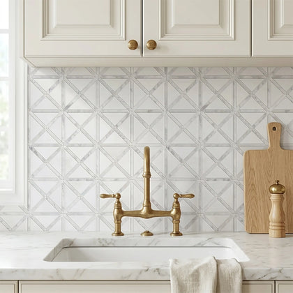 Bianco Carrara/Thassos White X Pattern 12-in x 12-in Polished Marble Waterjet Mosaic Floor and Wall Tile( 5 sq. ft. /Box )