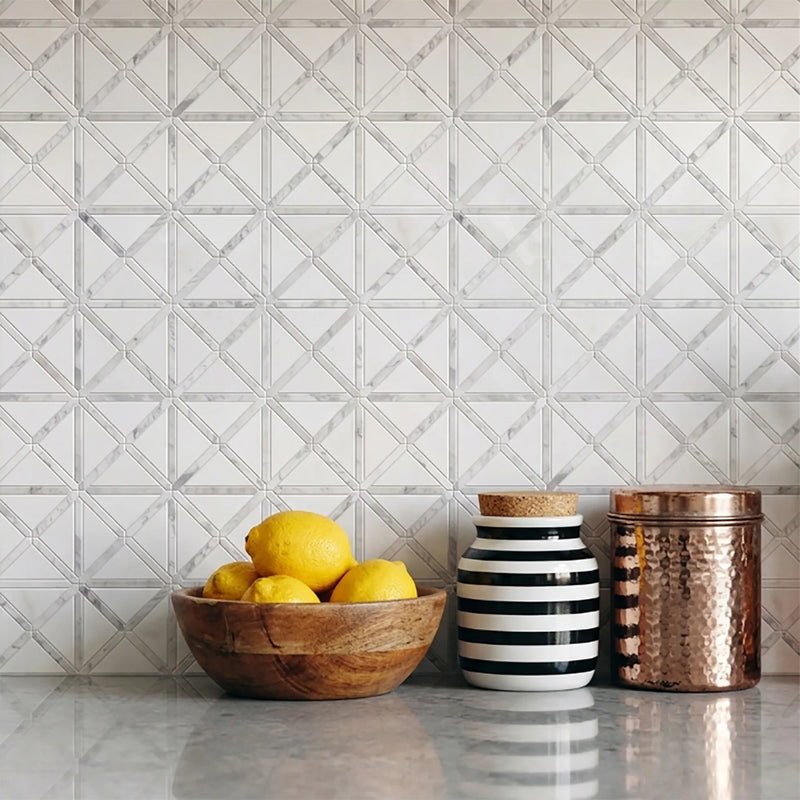 Bianco Carrara/Thassos White X Pattern 12-in x 12-in Polished Marble Waterjet Mosaic Floor and Wall Tile( 5 sq. ft. /Box )