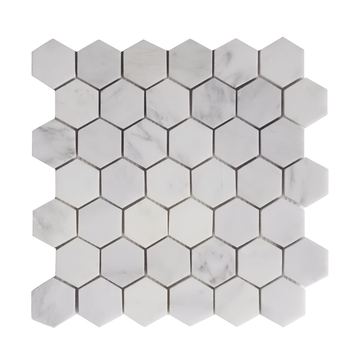 Single 2-inch Calacatta Hexagon Polished Marble Mosaic Tile – 12x12 inch mesh-mounted sheet