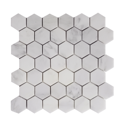 Single 2-inch Calacatta Hexagon Polished Marble Mosaic Tile – 12x12 inch mesh-mounted sheet
