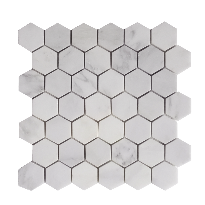 Single 2-inch Calacatta Hexagon Polished Marble Mosaic Tile – 12x12 inch mesh-mounted sheet