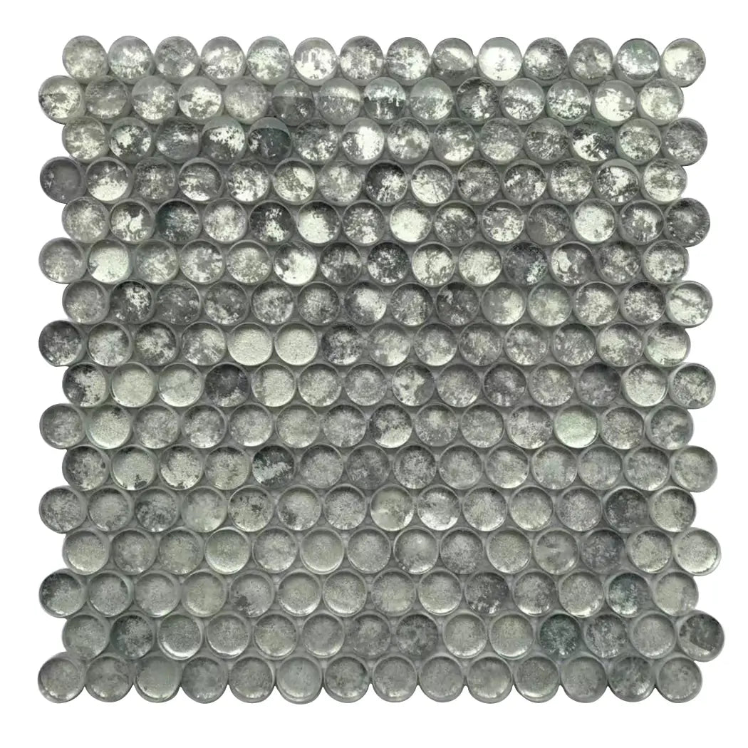 Single 12x12 inch Blue & Gray Textured Penny Round Glass Mosaic Wall Tile – unique penny round design with textured blue and gray glass, 1 sq. ft per piece