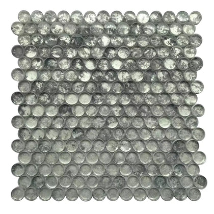 Single 12x12 inch Blue & Gray Textured Penny Round Glass Mosaic Wall Tile – unique penny round design with textured blue and gray glass, 1 sq. ft per piece