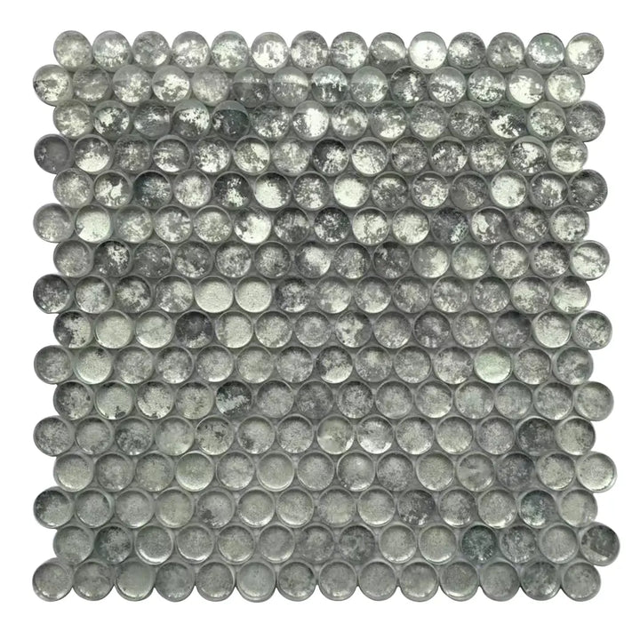 Single 12x12 inch Blue & Gray Textured Penny Round Glass Mosaic Wall Tile – unique penny round design with textured blue and gray glass, 1 sq. ft per piece