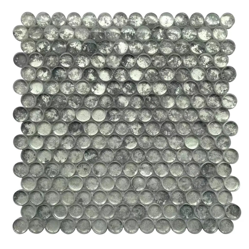 Single 12x12 inch Blue & Gray Textured Penny Round Glass Mosaic Wall Tile – unique penny round design with textured blue and gray glass, 1 sq. ft per piece