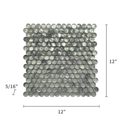 Size diagram of 12x12 inch Blue & Gray Textured Penny Round Glass Mosaic Tile – labeled for wall installation, 1 sq. ft coverage