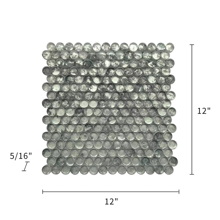 Size diagram of 12x12 inch Blue & Gray Textured Penny Round Glass Mosaic Tile – labeled for wall installation, 1 sq. ft coverage