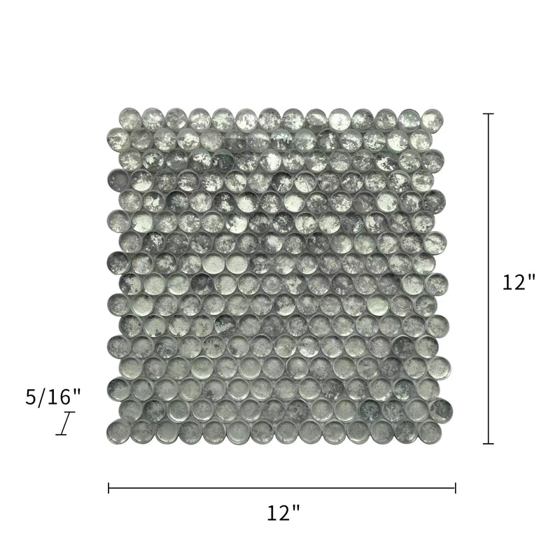 Size diagram of 12x12 inch Blue & Gray Textured Penny Round Glass Mosaic Tile – labeled for wall installation, 1 sq. ft coverage