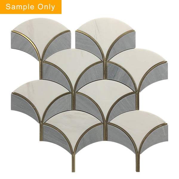 Thassos & Gray Shell Waterjet with Gold Accents Polished Waterjet Mosaic Floor and Wall Tile - Sample (Product Shown is Full Size)