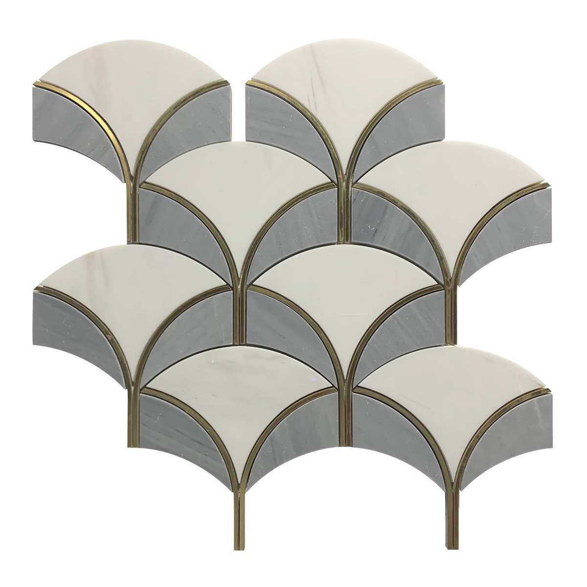 Single piece of Thassos & Gray Shell Waterjet Mosaic Tile – diamond pattern with polished finish and gold accents