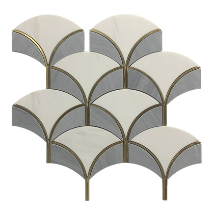 Single piece of Thassos & Gray Shell Waterjet Mosaic Tile – diamond pattern with polished finish and gold accents