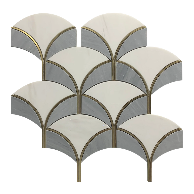 Single piece of Thassos & Gray Shell Waterjet Mosaic Tile – diamond pattern with polished finish and gold accents