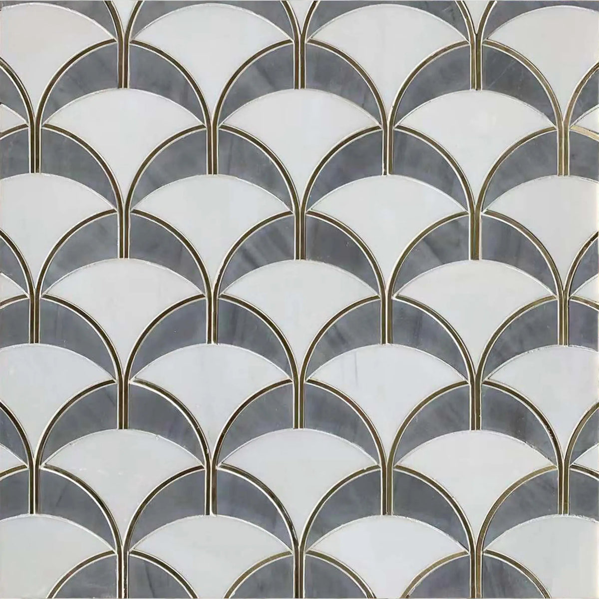 Thassos and Shell Waterjet Mosaic sample layout – diamond pattern tiles with elegant gold edge on display board