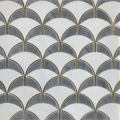 Thassos and Shell Waterjet Mosaic sample layout – diamond pattern tiles with elegant gold edge on display board