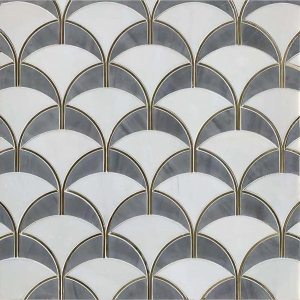 Thassos and Shell Waterjet Mosaic sample layout – diamond pattern tiles with elegant gold edge on display board