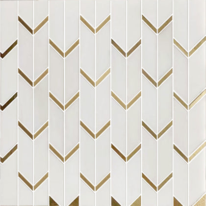 Sample display board showcasing Dolomite White Marble with Arrow Gold Brass Accent Waterjet Mosaic Tile – stylish blend of white marble and gold brass accents.