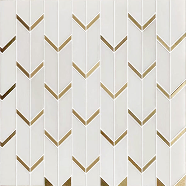 Sample display board showcasing Dolomite White Marble with Arrow Gold Brass Accent Waterjet Mosaic Tile – stylish blend of white marble and gold brass accents.