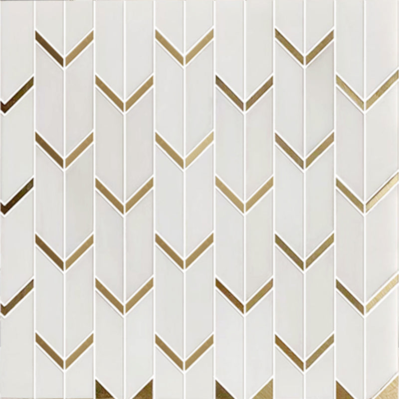 Sample display board showcasing Dolomite White Marble with Arrow Gold Brass Accent Waterjet Mosaic Tile – stylish blend of white marble and gold brass accents.