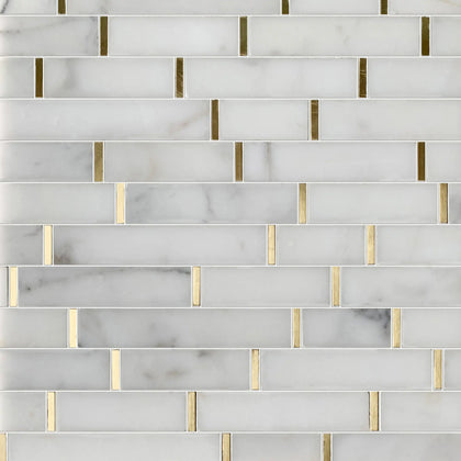 Display board of Calacatta Marble with Gold Accent Waterjet Mosaic – showroom sample of elegant polished marble tile in random pattern