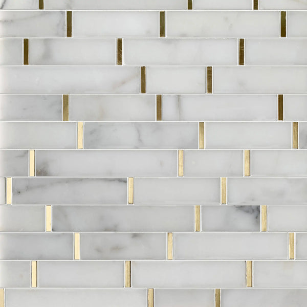 Display board of Calacatta Marble with Gold Accent Waterjet Mosaic – showroom sample of elegant polished marble tile in random pattern