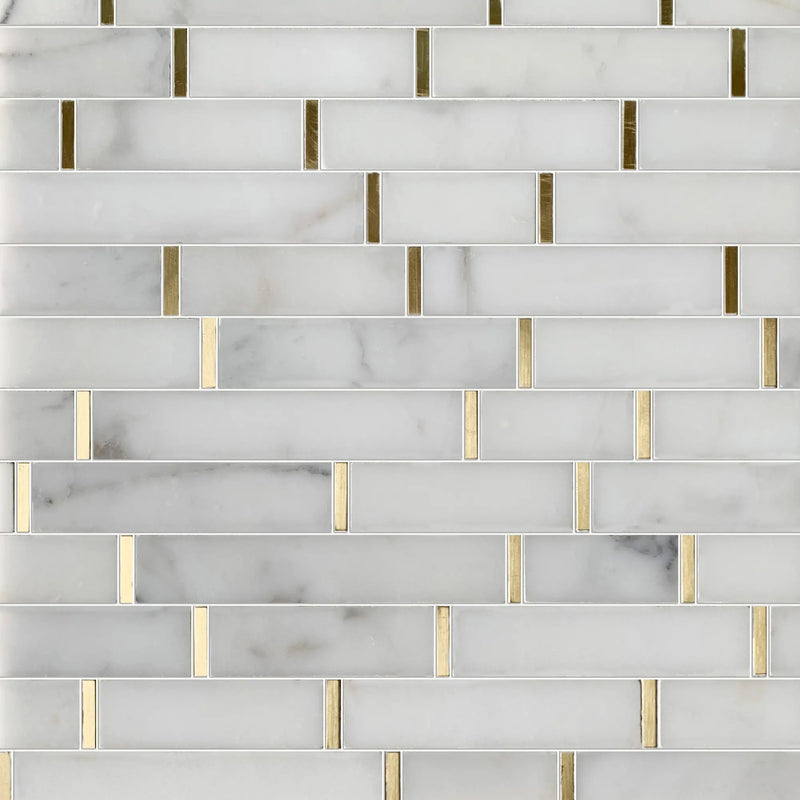 Display board of Calacatta Marble with Gold Accent Waterjet Mosaic – showroom sample of elegant polished marble tile in random pattern