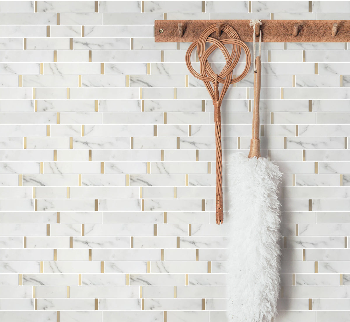 Kitchen backsplash with Calacatta and Gold Waterjet Mosaic Tile – polished white marble mosaic adds a refined metallic touch