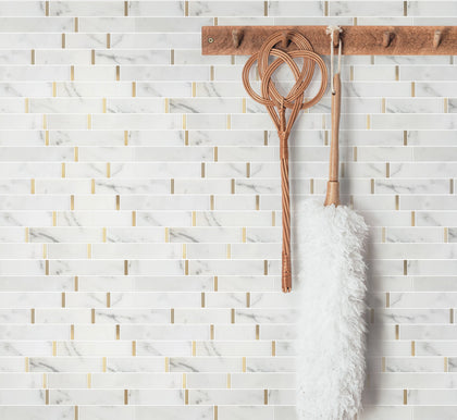 Kitchen backsplash with Calacatta and Gold Waterjet Mosaic Tile – polished white marble mosaic adds a refined metallic touch