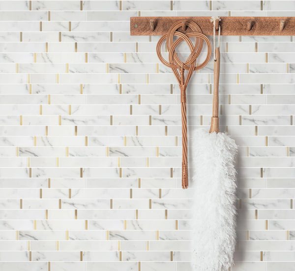 Kitchen backsplash with Calacatta and Gold Waterjet Mosaic Tile – polished white marble mosaic adds a refined metallic touch