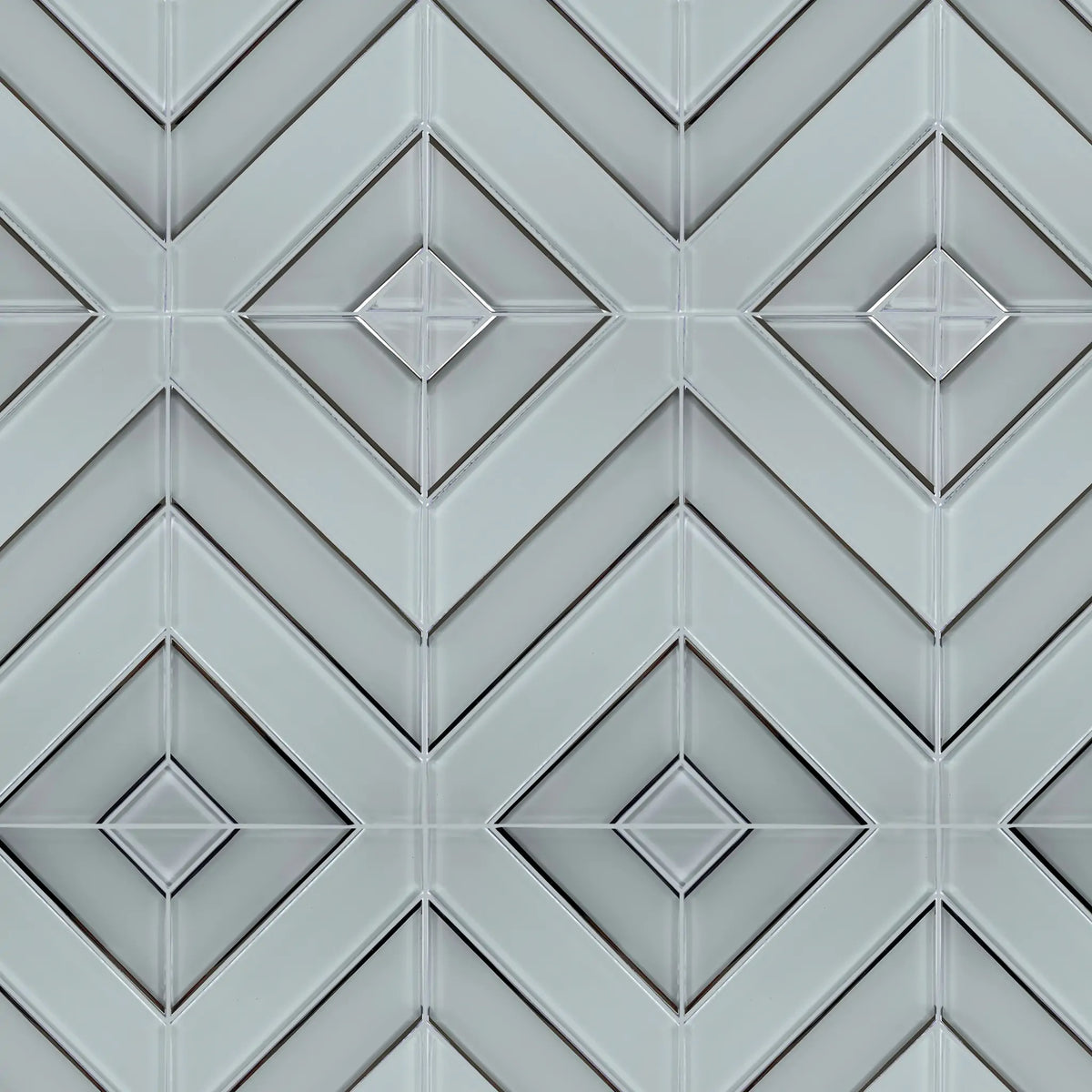 Sample display board of 12x12 inch Diamond Chevron Glass Mosaic Tiles with Metallic Edge – showcasing stylish chevron pattern and metallic finish