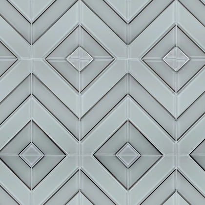Sample display board of 12x12 inch Diamond Chevron Glass Mosaic Tiles with Metallic Edge – showcasing stylish chevron pattern and metallic finish