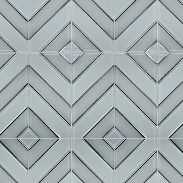 Sample display board of 12x12 inch Diamond Chevron Glass Mosaic Tiles with Metallic Edge – showcasing stylish chevron pattern and metallic finish